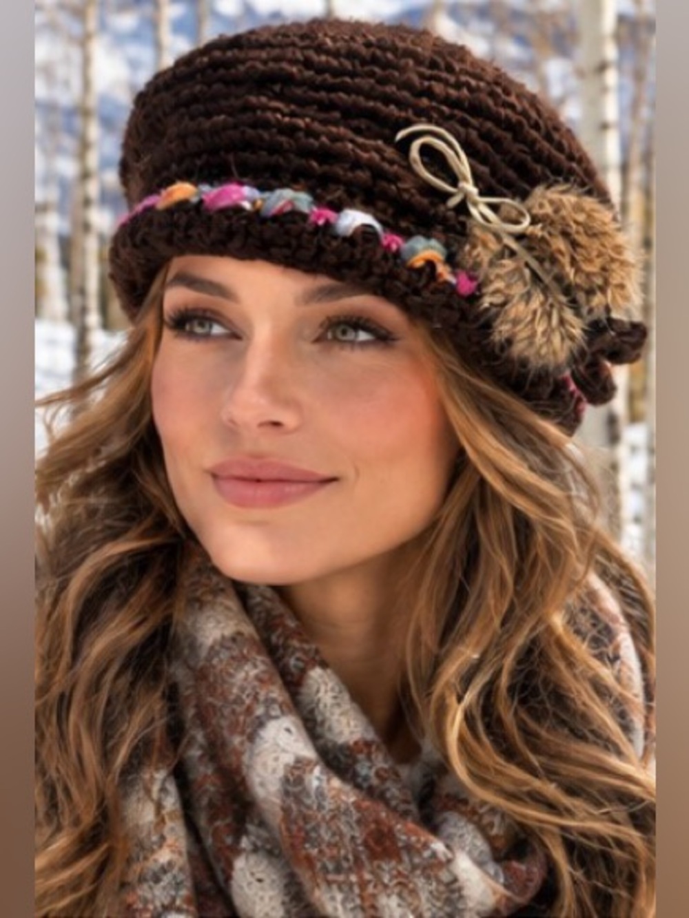 Saint Bernard Crochet Newsboy Beret Hat Genuine Rabbit Fur Pom Boho Brown Cap